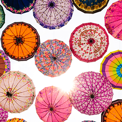 variety of floral umbrellas shown in the air