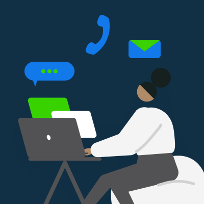 animated woman sitting on a couch and working on her laptop with icons of phone, mail, speech bubble shown in the background
