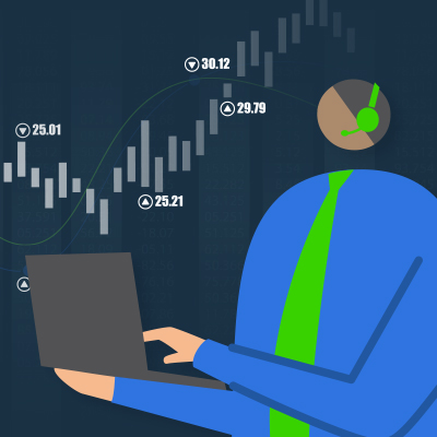 animated man working on laptop and checking the stock market index