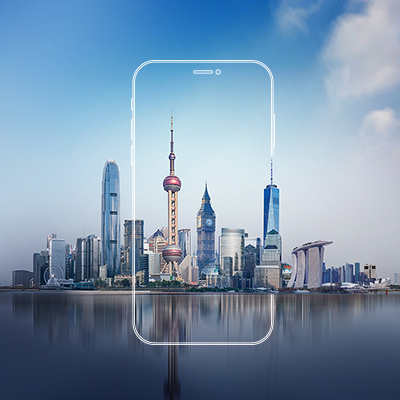 transparent mobile screen showing city skyscraper