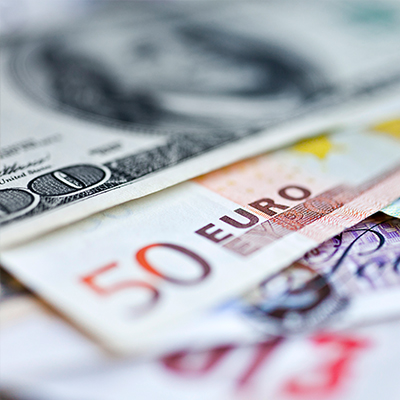 currency note of 50 Euros and other currencies