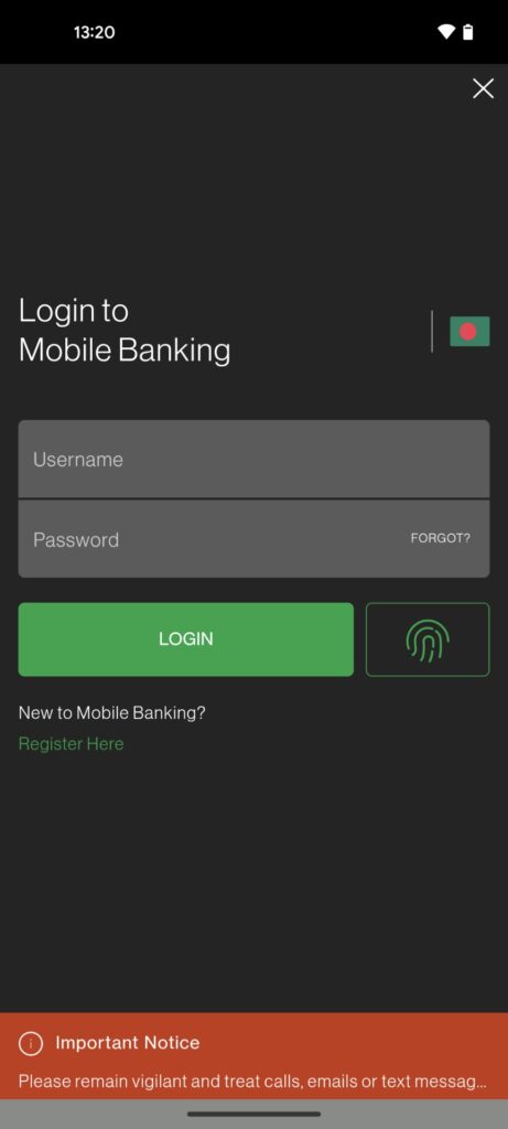 Login to your SC Mobile App with username and password