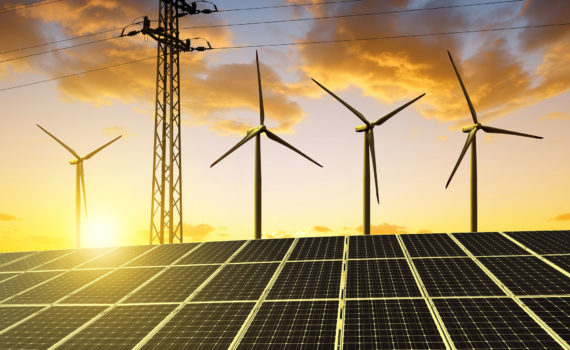 Graphic showing a mix of wind turbines, sola banners and electricity pilons