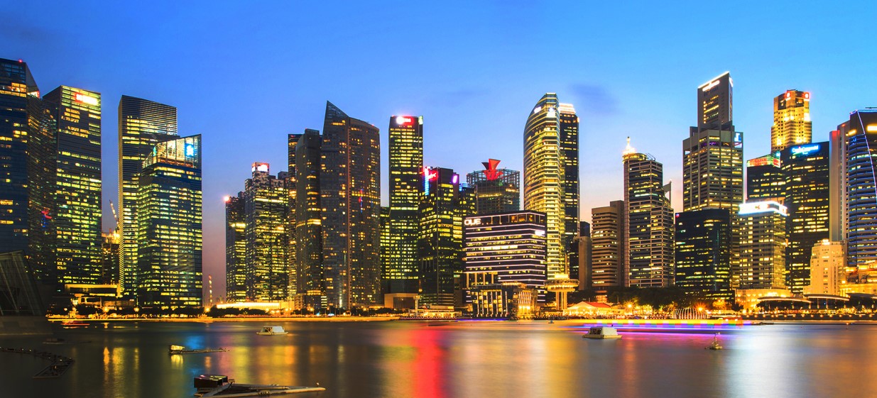Financial district in twilight time at Singapore City