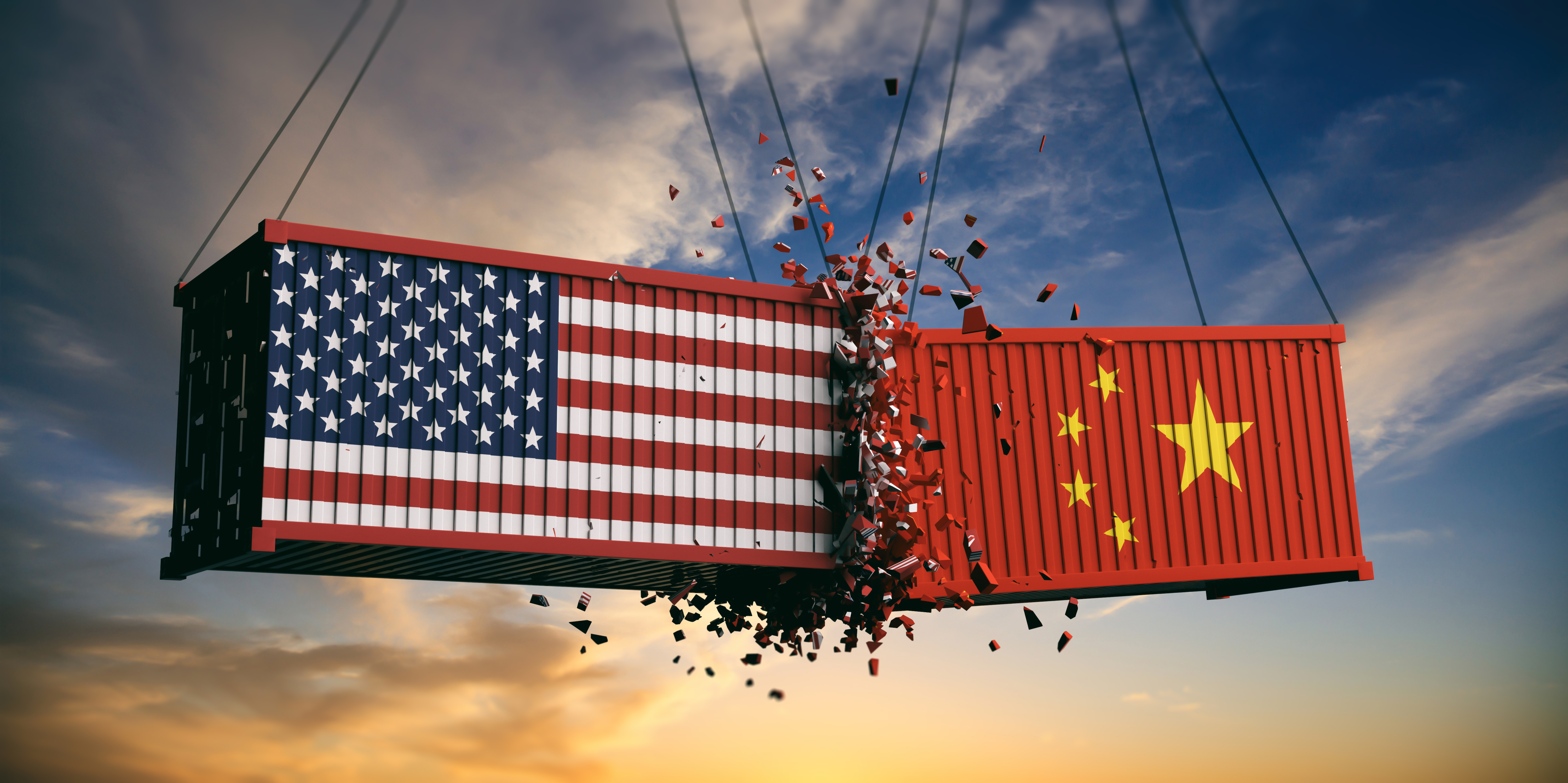 Two cargo containers crashing into one another depicting the US-China trade war
