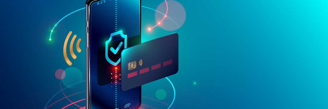 Mobile phone transacting with credit card, depicting fintech