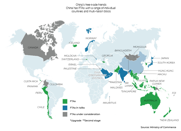 Map showing China's free-trade friends