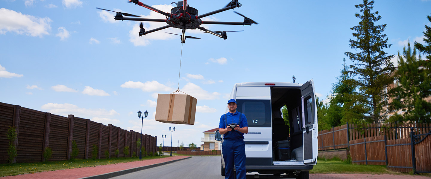 Image of package being delivered by a drone