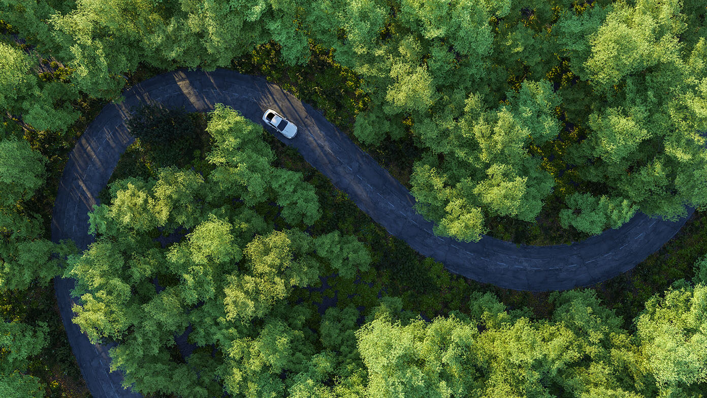 A car on a mountain road.