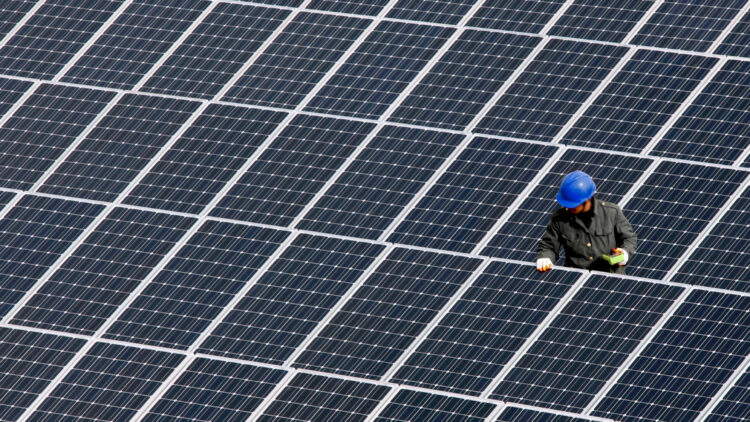 A man repairs solar panels