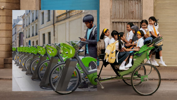 A photo of a man hiring an ebike is shown next to children on the way to school.