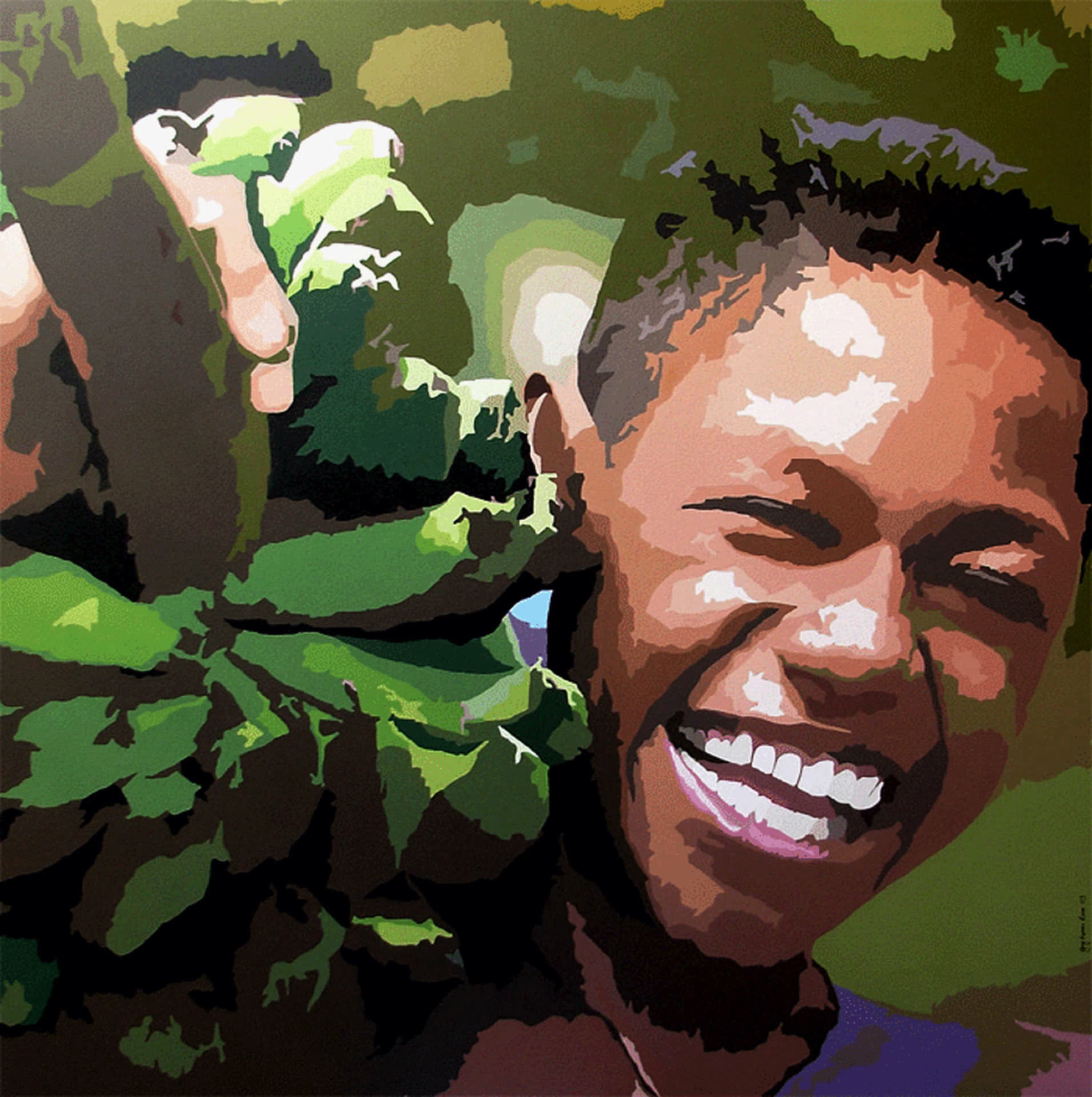 painting of happy person carrying leaves