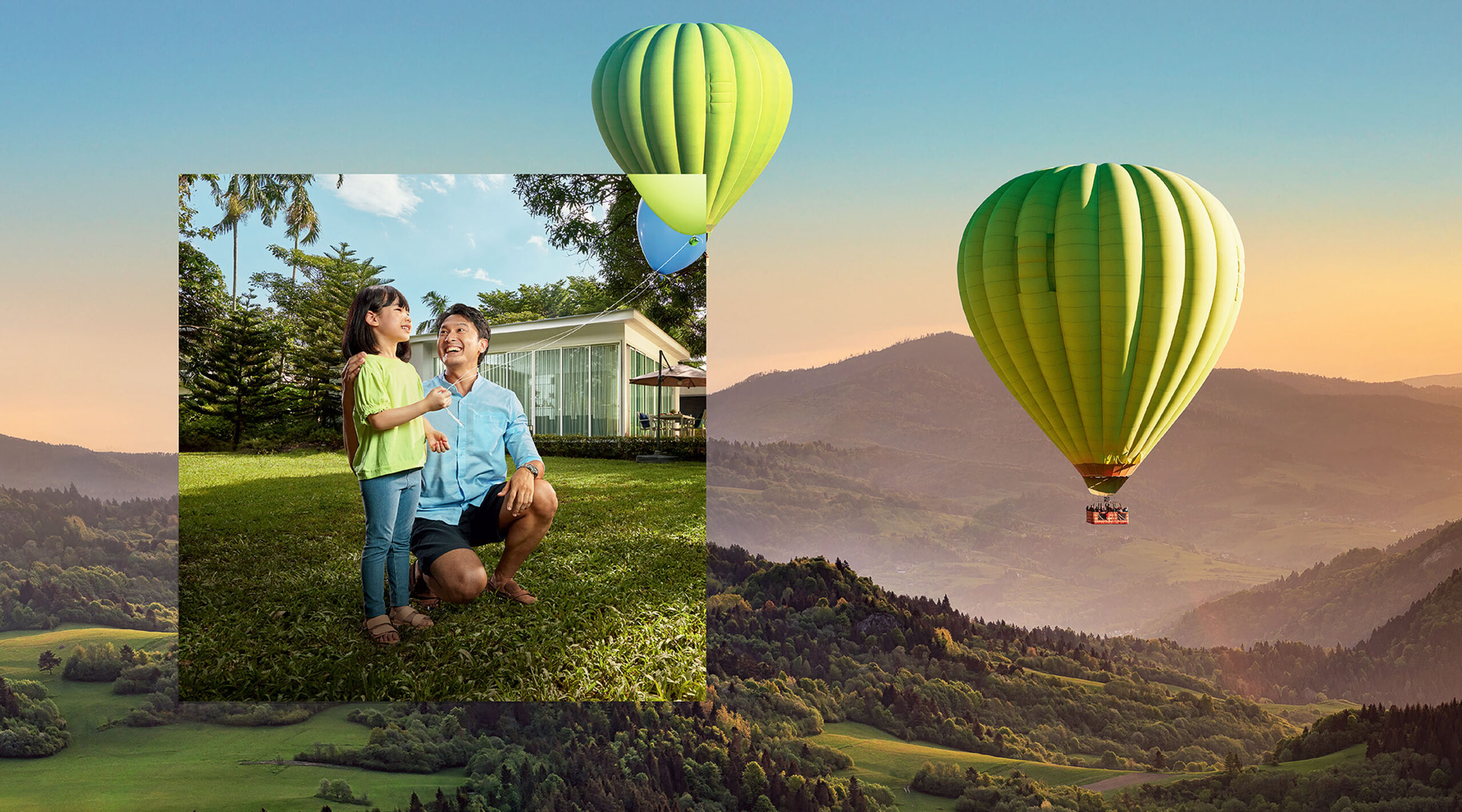 An image of a man and child flying a kite together is layered over a landscape photograph of hot air balloons, soaring over misty mountains.