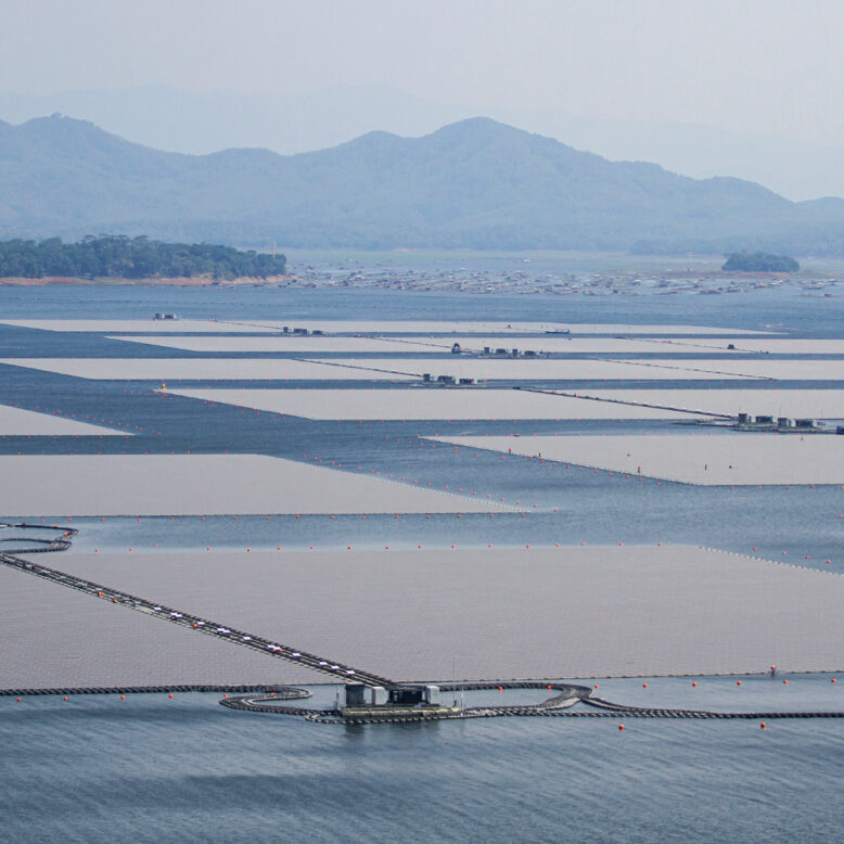 Floating solar panels on a lake in Indonesia.