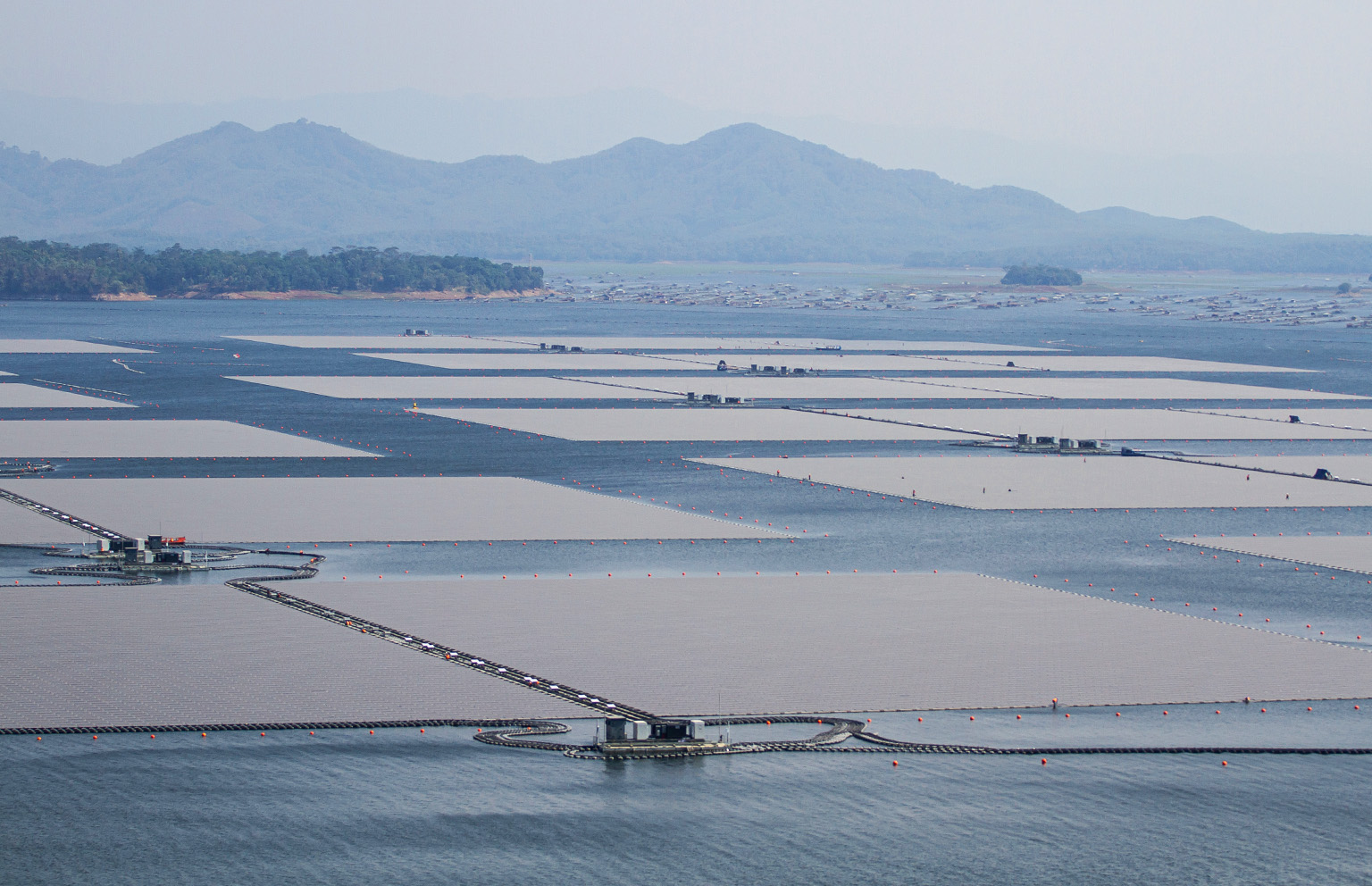 Floating solar panels on a lake in Indonesia.