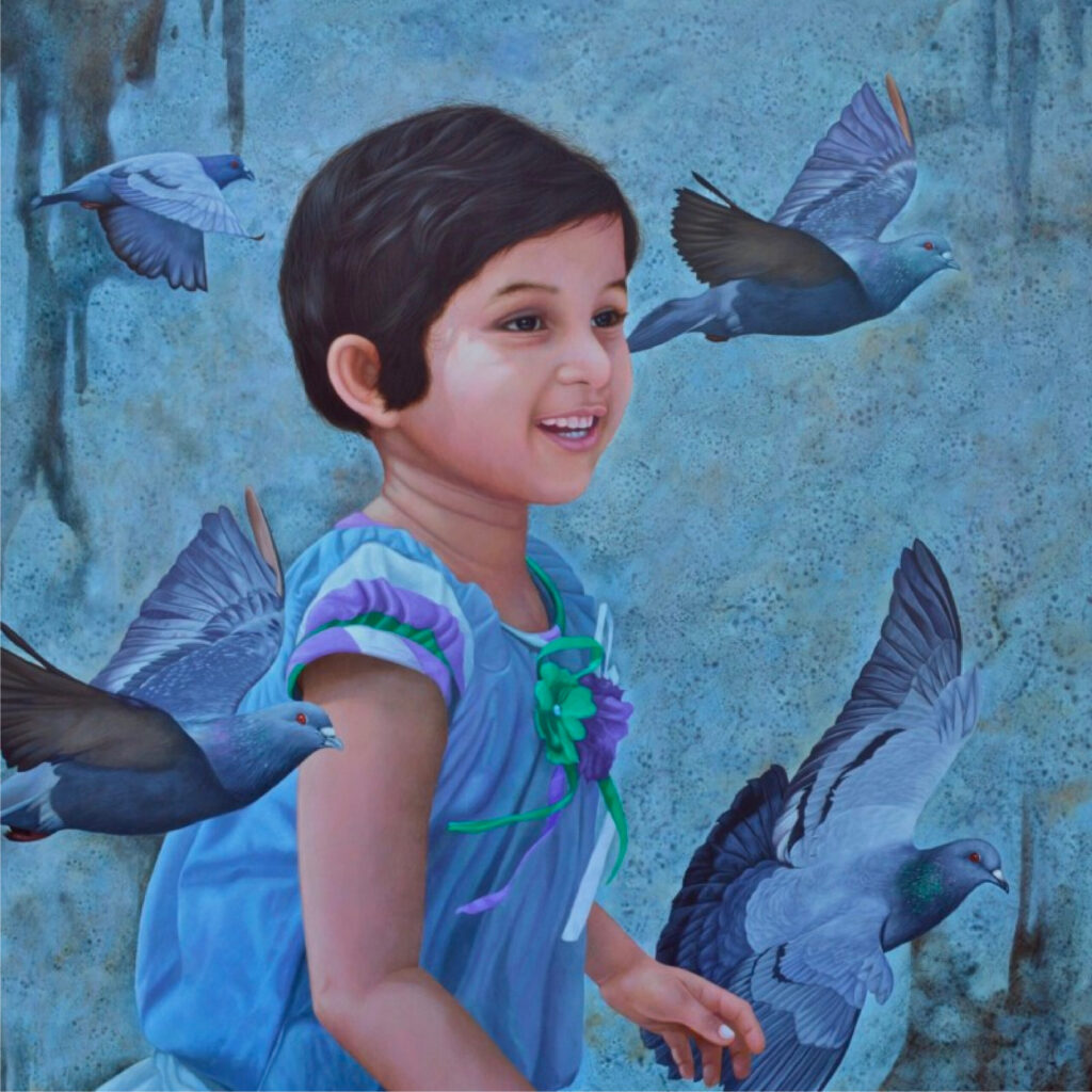 Painting of a child with birds around