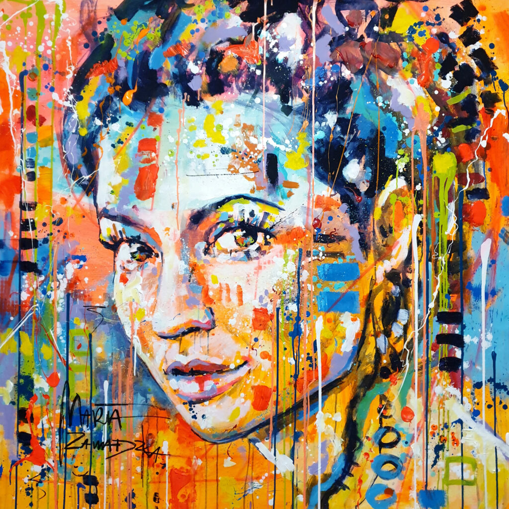 A colourful painting of a woman's face