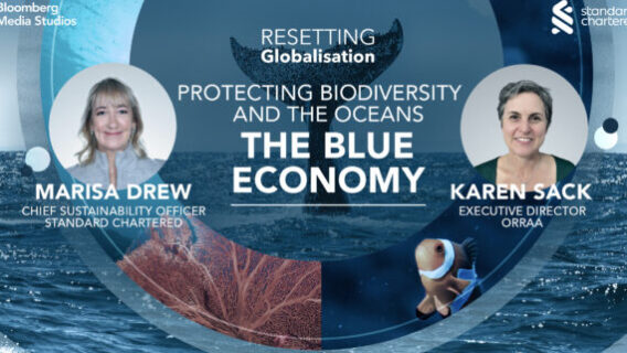 A graphic with the text 'The Blue Economy' and photos of two podcast guests: Marisa Drew, the Chief Sustainability Officer at Standard Chartered, and Karen Sack, who is the Executive Director at ORRAA.