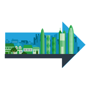 Infographic icon of houses moving towards the direction of smart cities