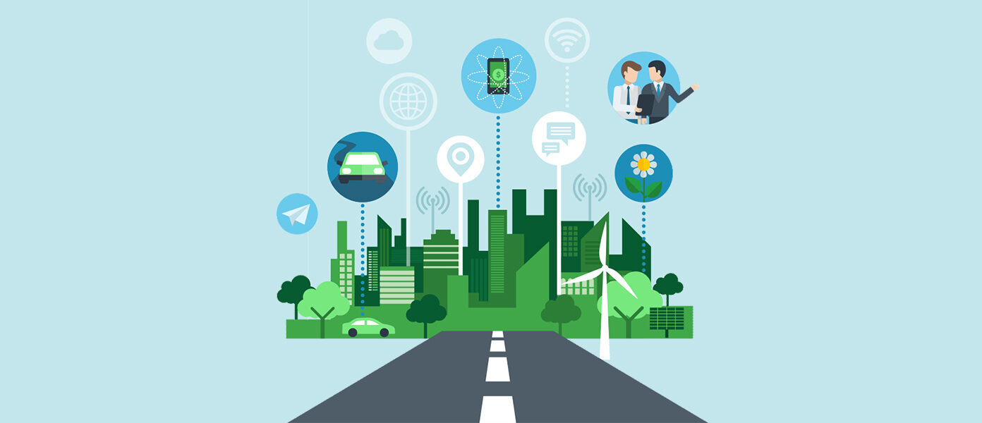 Illustration of a smart city with wireless connectivity and smart mobility