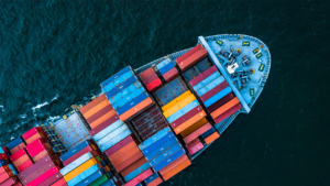 A container ship sails across the ocean.