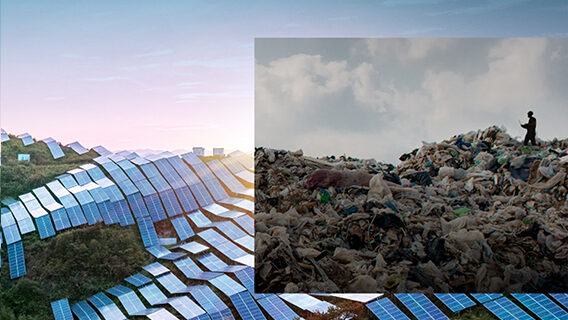 A photograph of a rubbish tip is juxtaposed with a panorama of new solar panels in the sunshine.