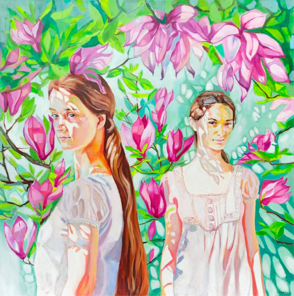 painting of two woman with a tree with pink flowers in the background