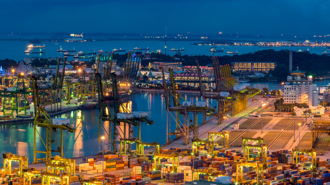 Night time view of a shipping port
