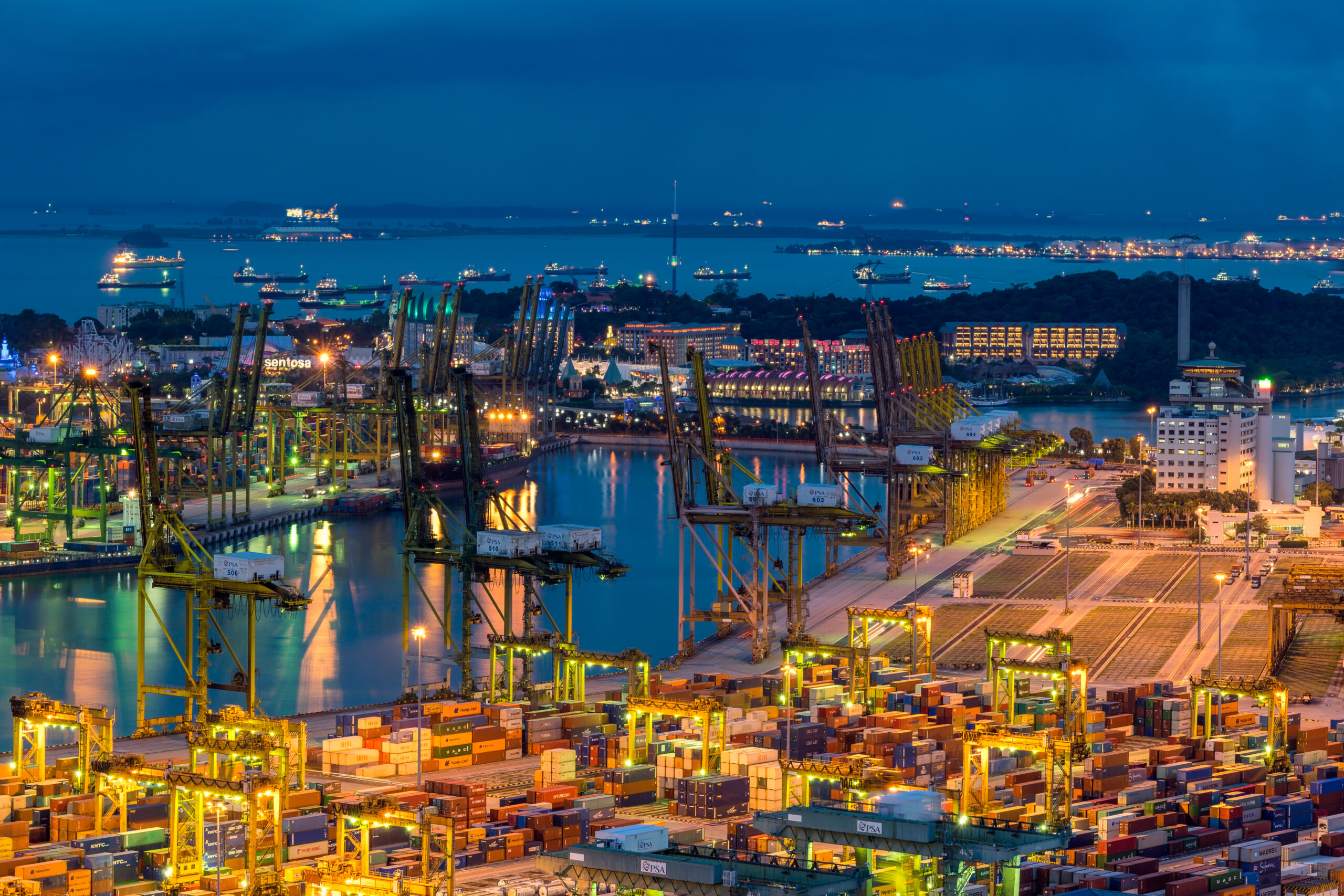 Night time view of a shipping port