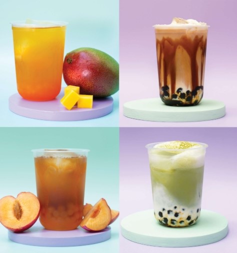 picture of four cups of bubble tea and fruit