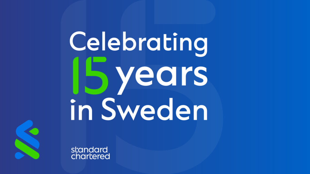Banner celebrating 15 years in Sweden
