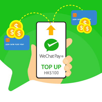 cartoon of mobile on Wechat Pay topup screen, linking with money icons & credit cards