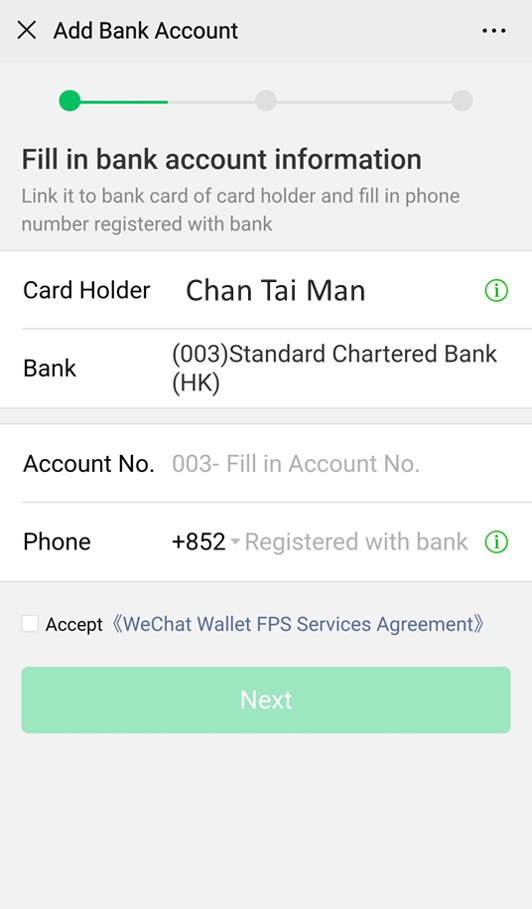 Fill in bank account information