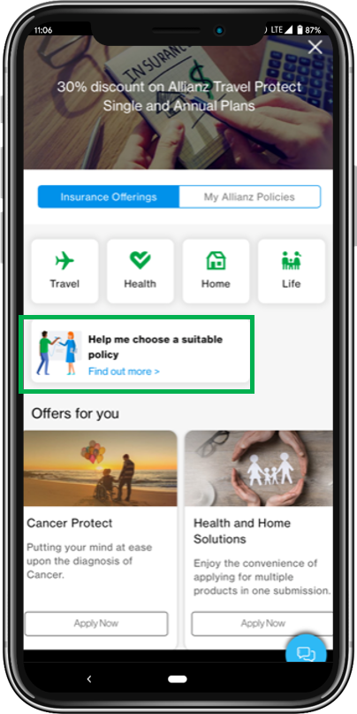 Insurance menu on SC Mobile App