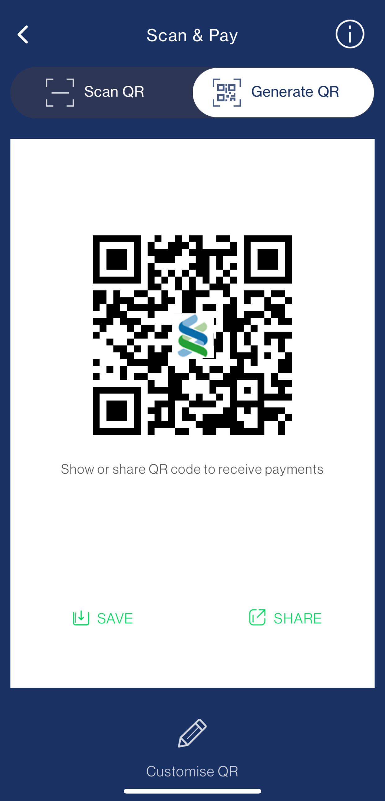 Tap ‘Generate QR’ and share for receiving money. If you wish to specify the amount, tap ‘Customise QR’.