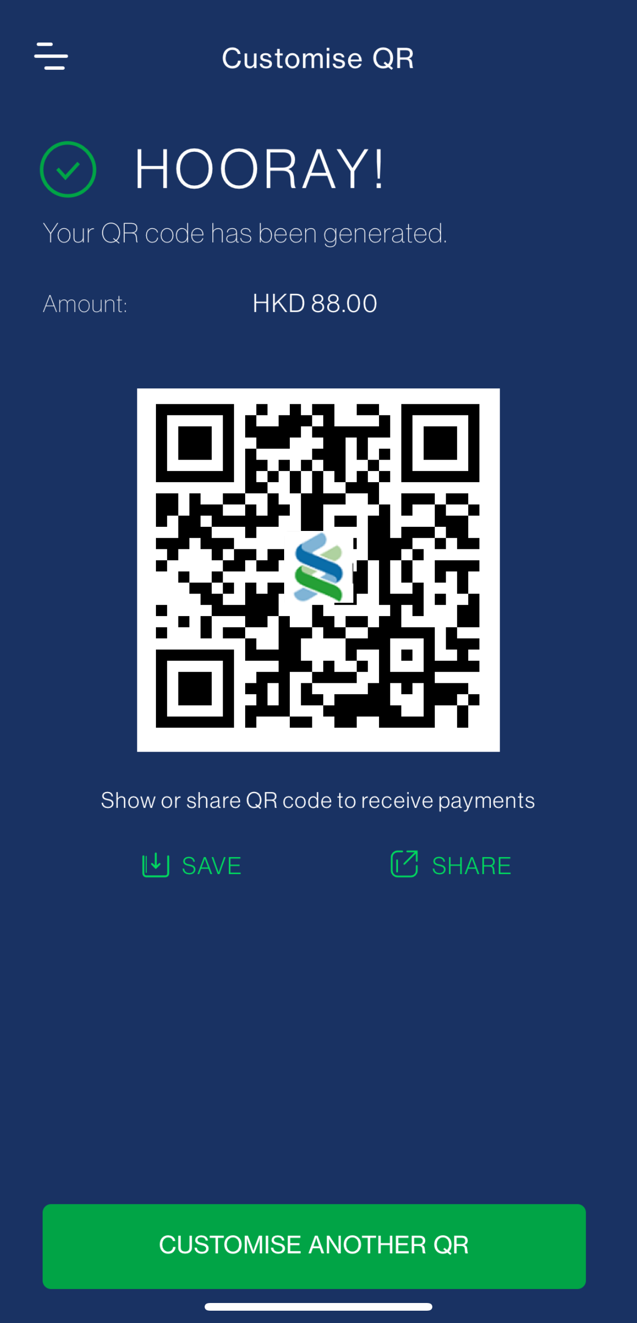 QR code with specified amount is generated - You can now share to receive payments