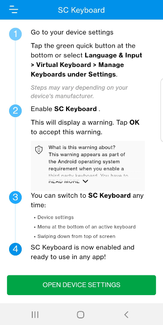 SC Keyboard terms of use, with green button OPEN DEVICE SETTING at the bottom