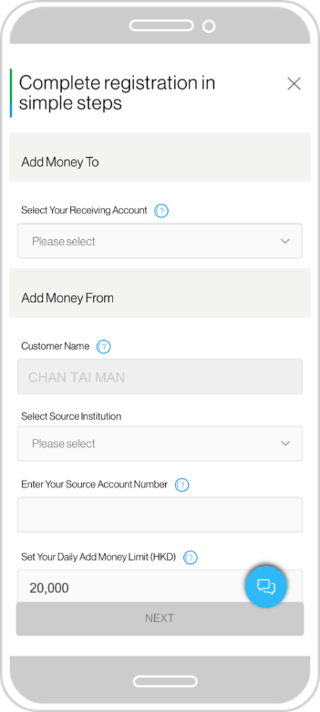 Select SCB account, Source Institution and input Source Account and Daily Add Money Limit