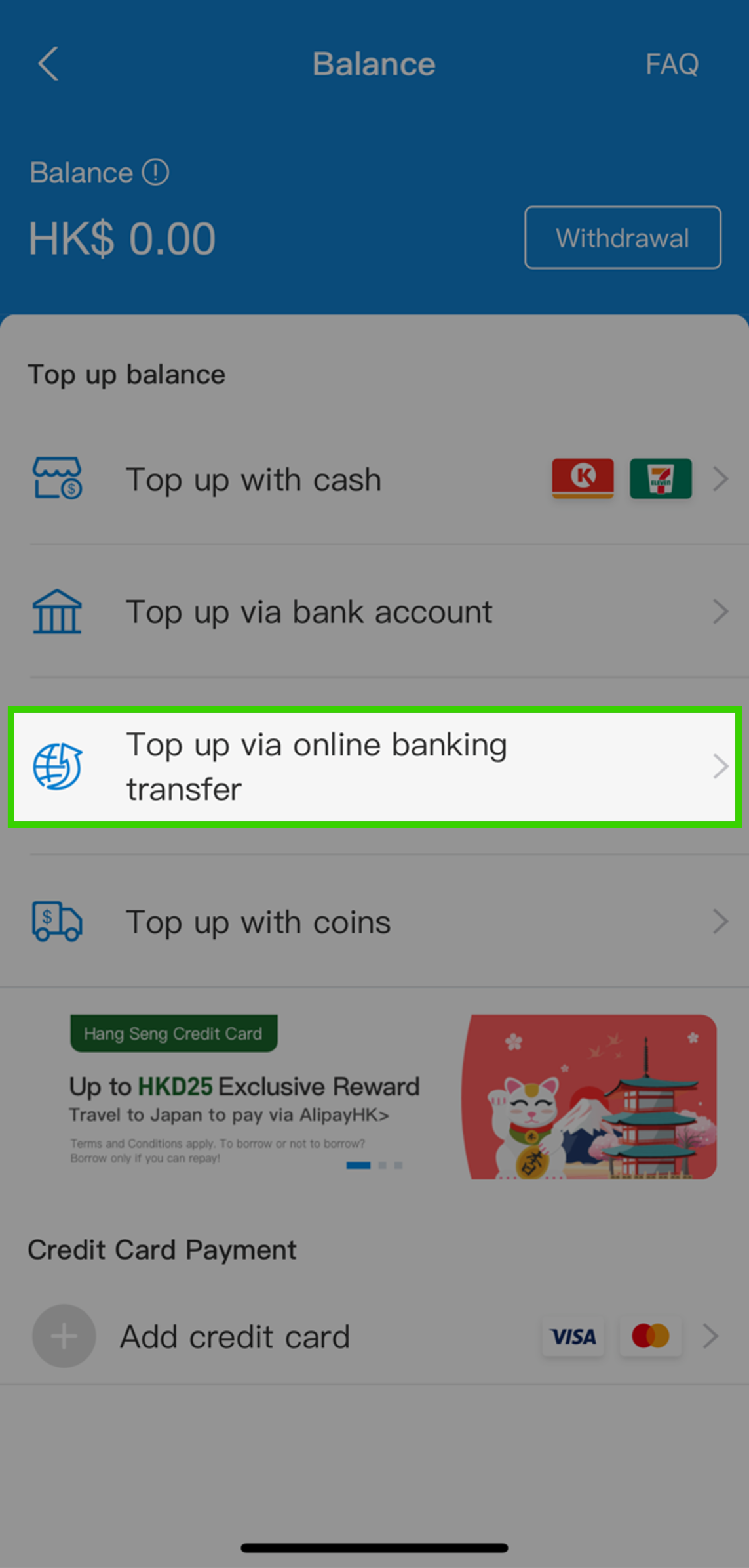 Select ‘Top up via online banking transfer’
