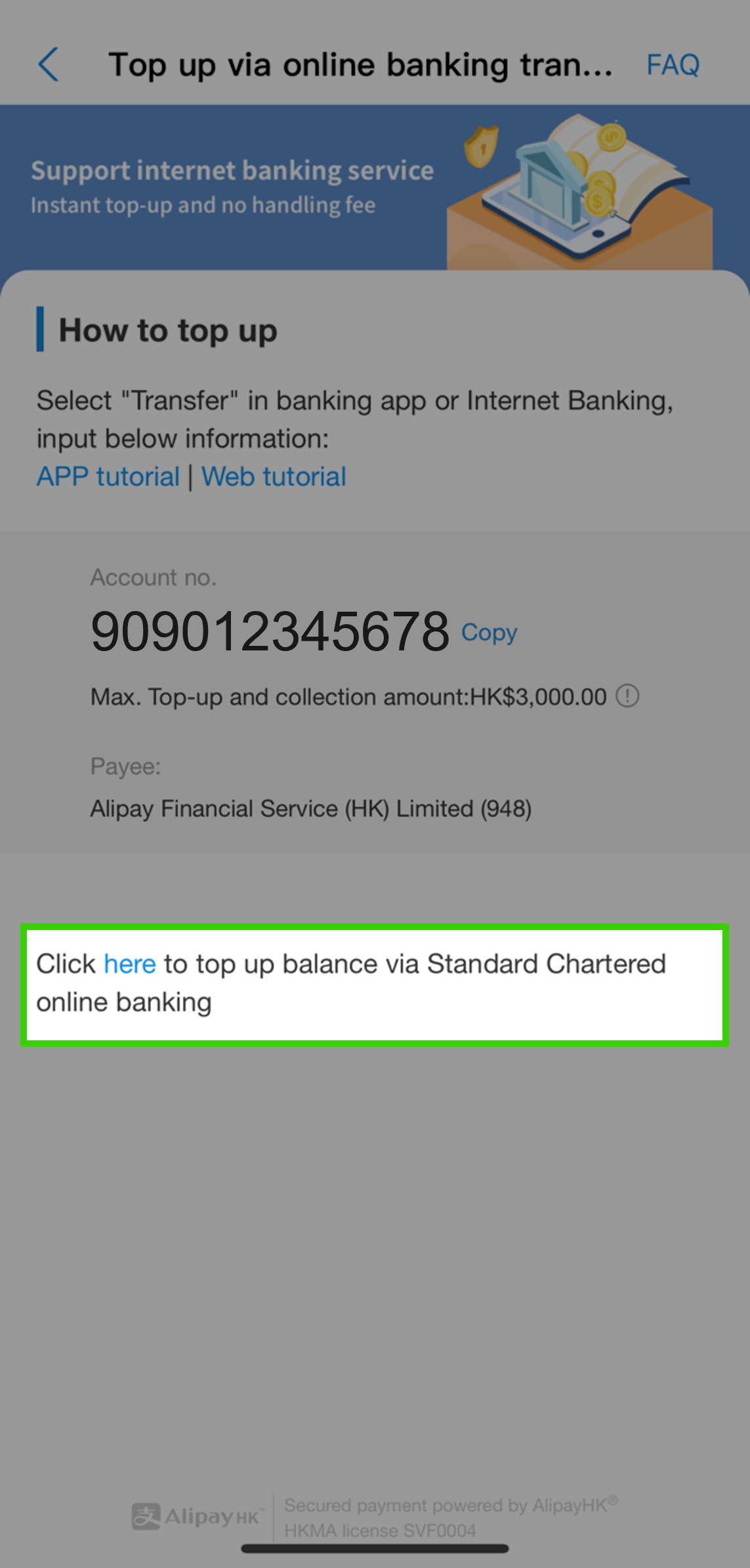 Click the section of Standard Chartered online banking to retrieve top up ID