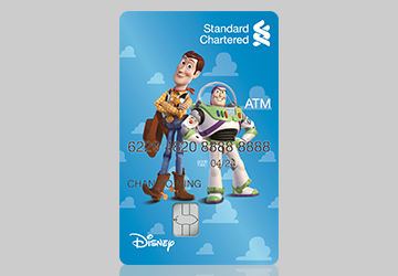 Toy Story ATM Card, with Woody and Buzz-Lightyear and blue and cloud background