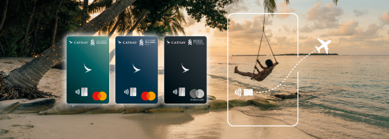 A man on a swing on the beach, card faces of 3 tiers of Standard Chartered Cathay Mastercard