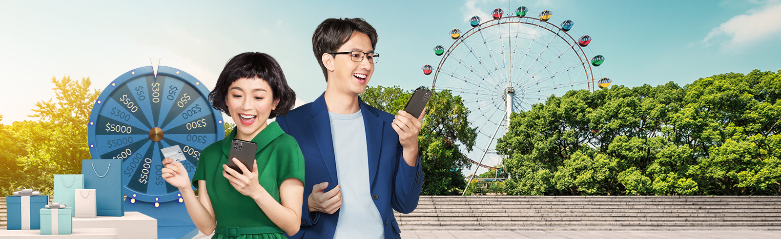 One man who wearing blue suit and one lady who wearing green one piece dress are standing in front of ferris wheel and using their mobile device with smile