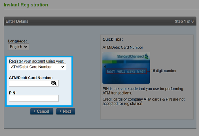 Enter your ATM Card Number and PIN for register with ATM Card