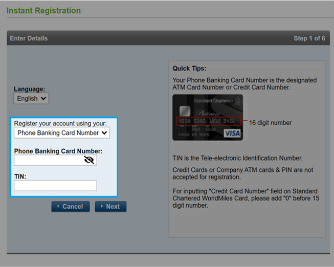 Enter your Phone Banking Card Number and TIN for register with Phone Banking Card