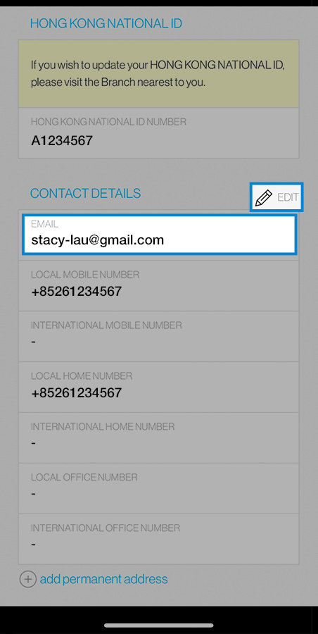 Edit your peronal Details such as Email and local phone number