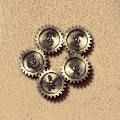 gears with various currencies symbol is connected