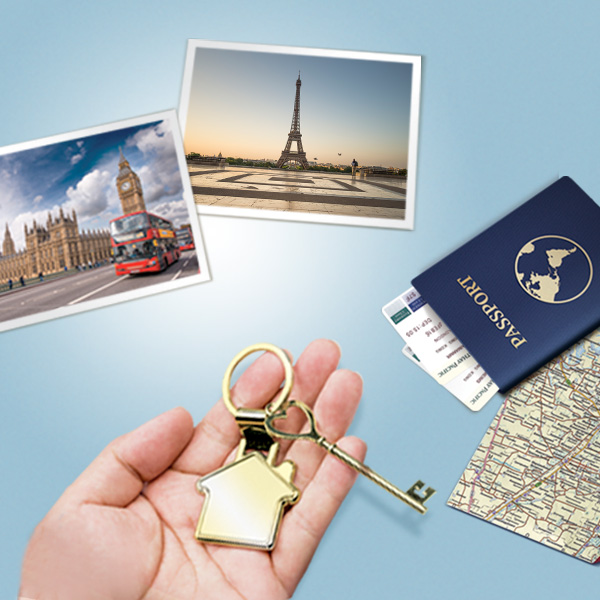photos, passport, map, and a hand holding a key with a house keychain