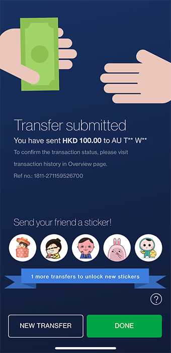 Upon successfully transferring money via SC Pay, choose a sticker from 5 different themes.
