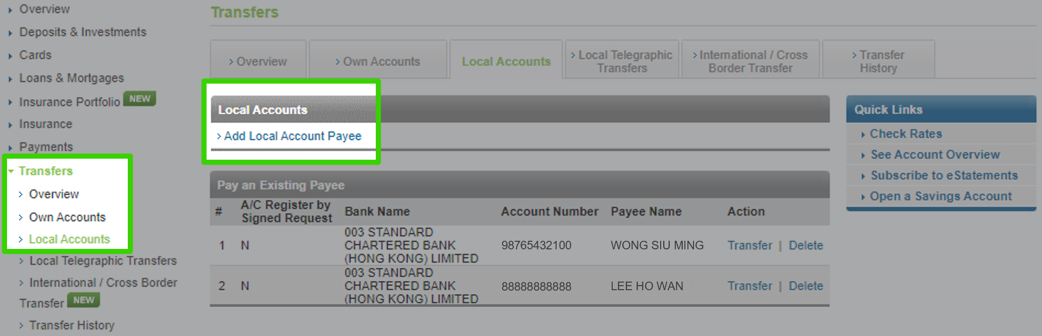 Add payee on Online Banking step 1